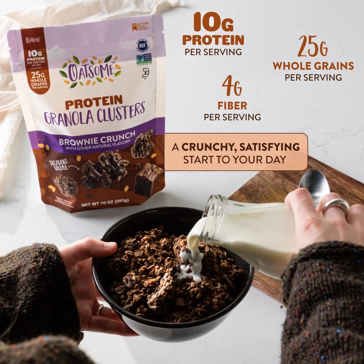 10 grams of protein, clusters in a bowl with milk on top of them