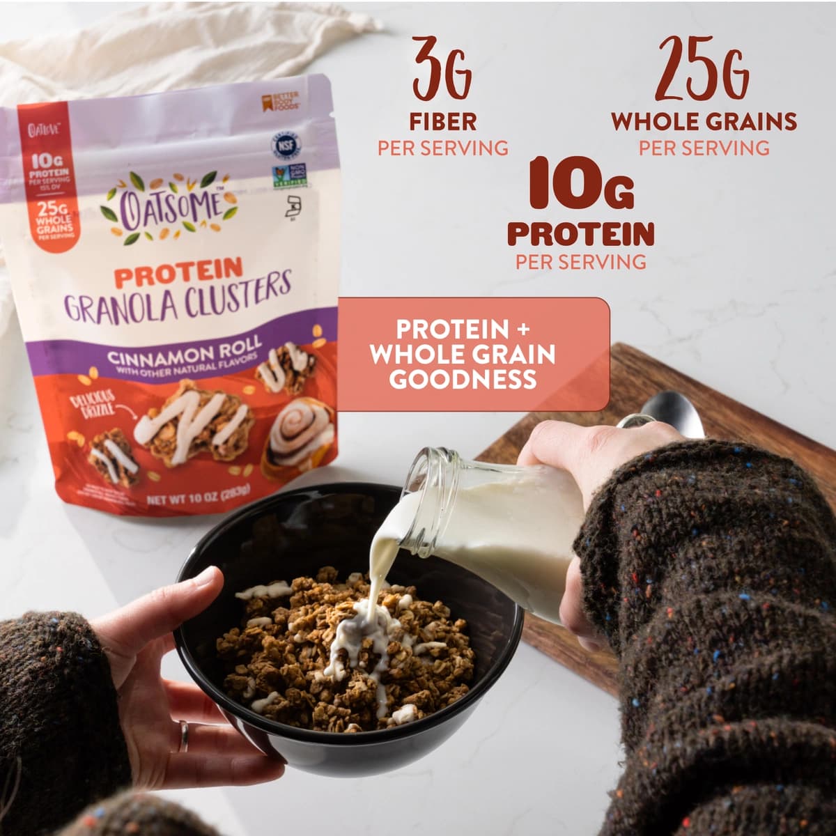 10 grams of protein, 3 grams of fiber, 25 grams of whole grains