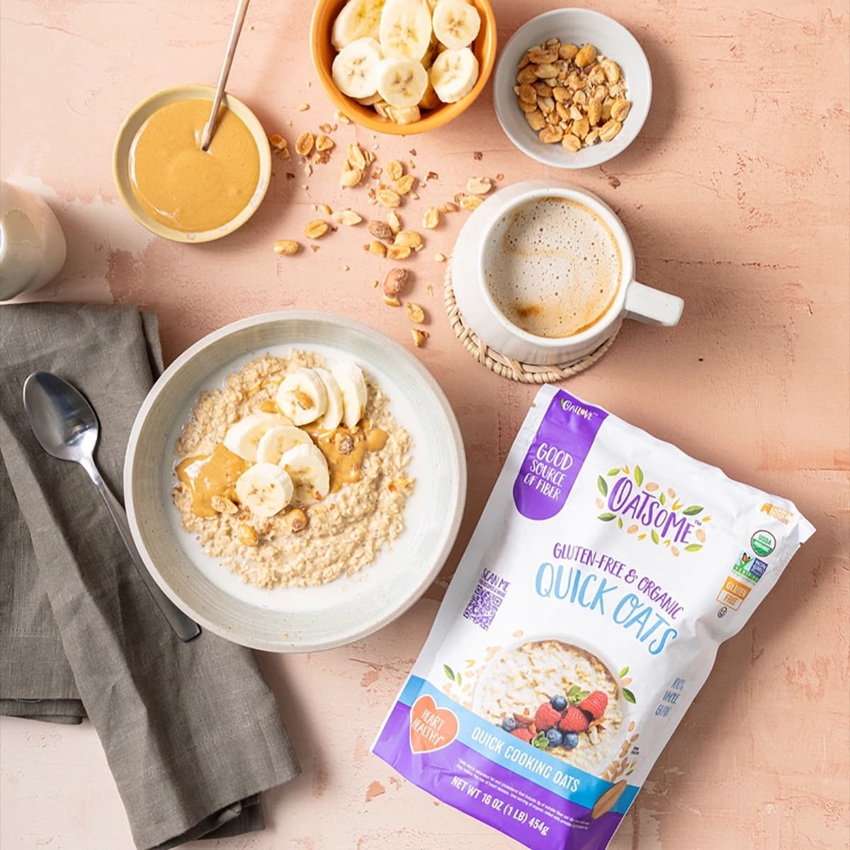 Quick Oats product with bananas, peanuts, and coffee on the side