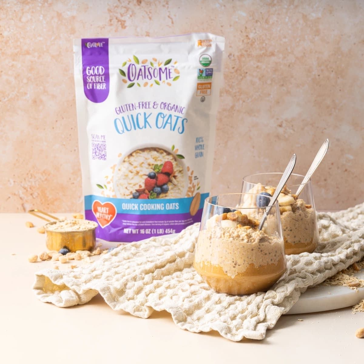Quick Oats product made into an overnight oats with bananas and blueberry's 