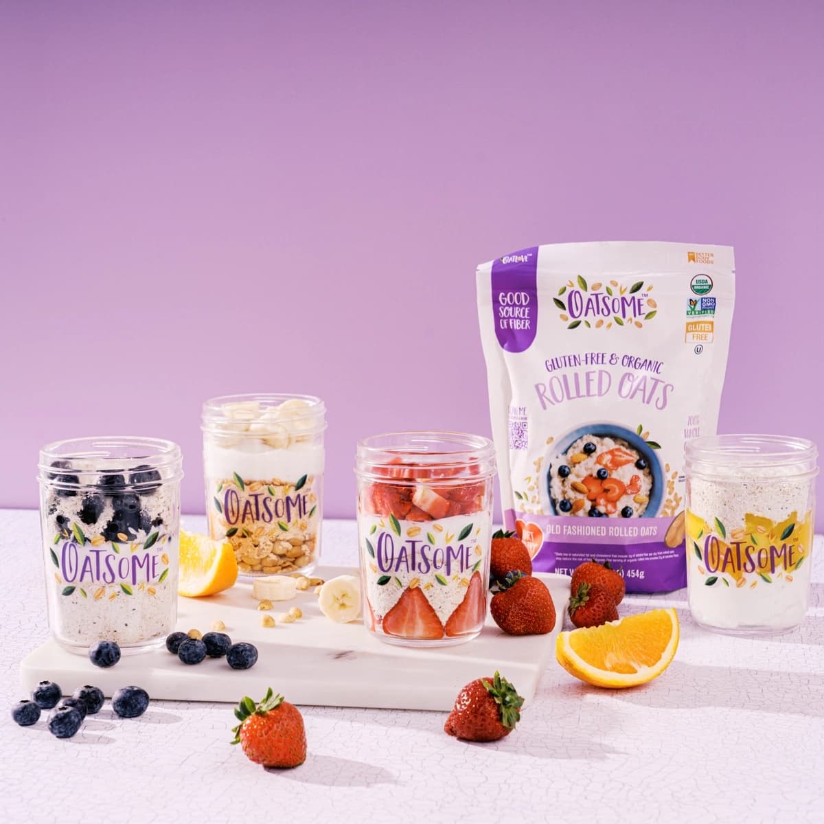 Rolled Oats product in jars with fruit 