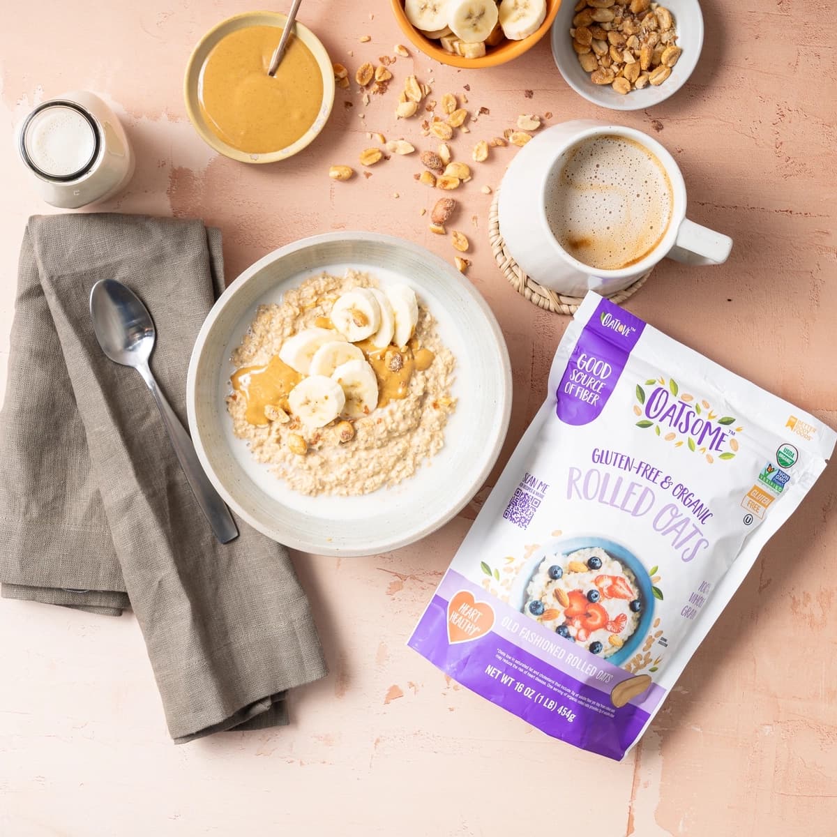 Rolled Oats product with milk, bananas and peanut butter 