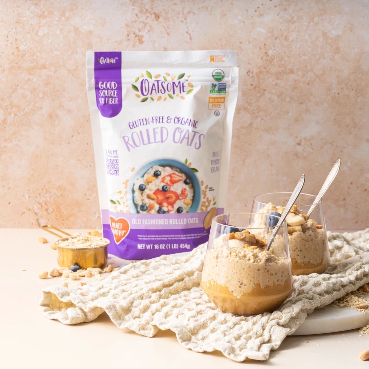 Rolled Oats product made into an overnight oats with bananas and blueberry's 