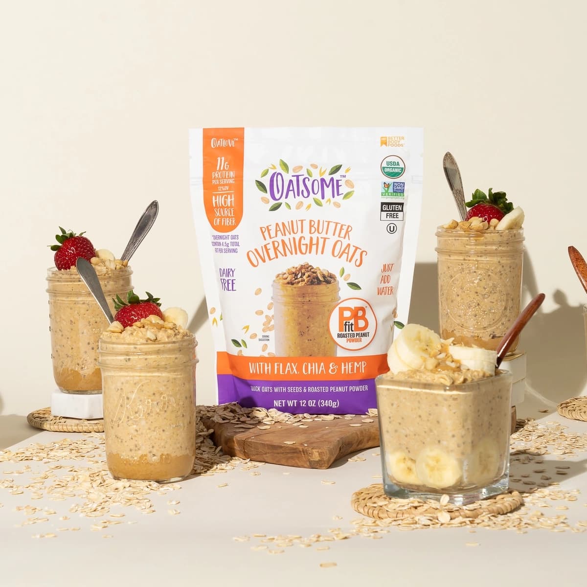 Peanut Butter Overnight Oats product with bananas, strawberrys, and oats  