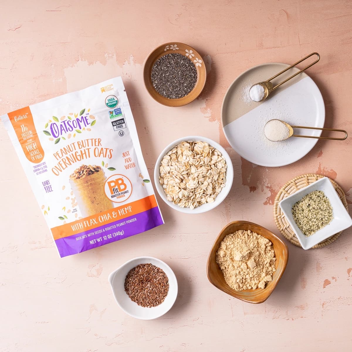 Peanut Butter Overnight Oats product with all the ingredients on the side of the bag that are in the product. 