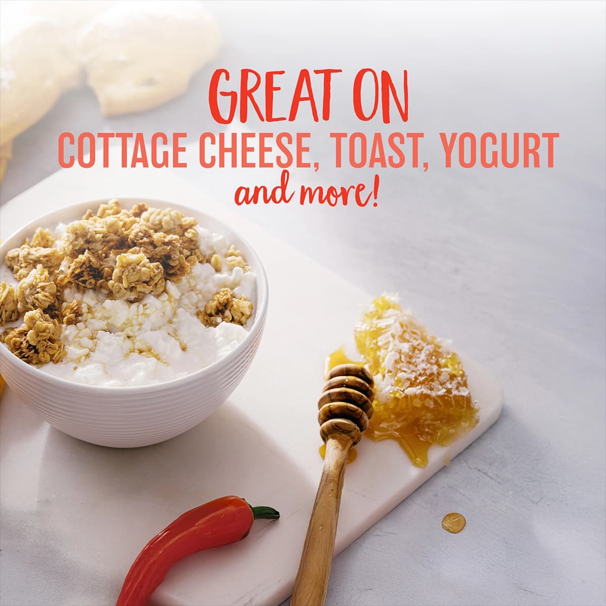 Product with peppers, honey, and cottage cheese