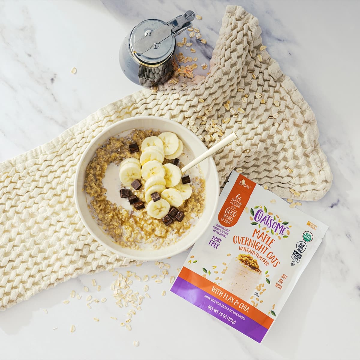 Maple Overnight Oats with bananas and chocolate chips